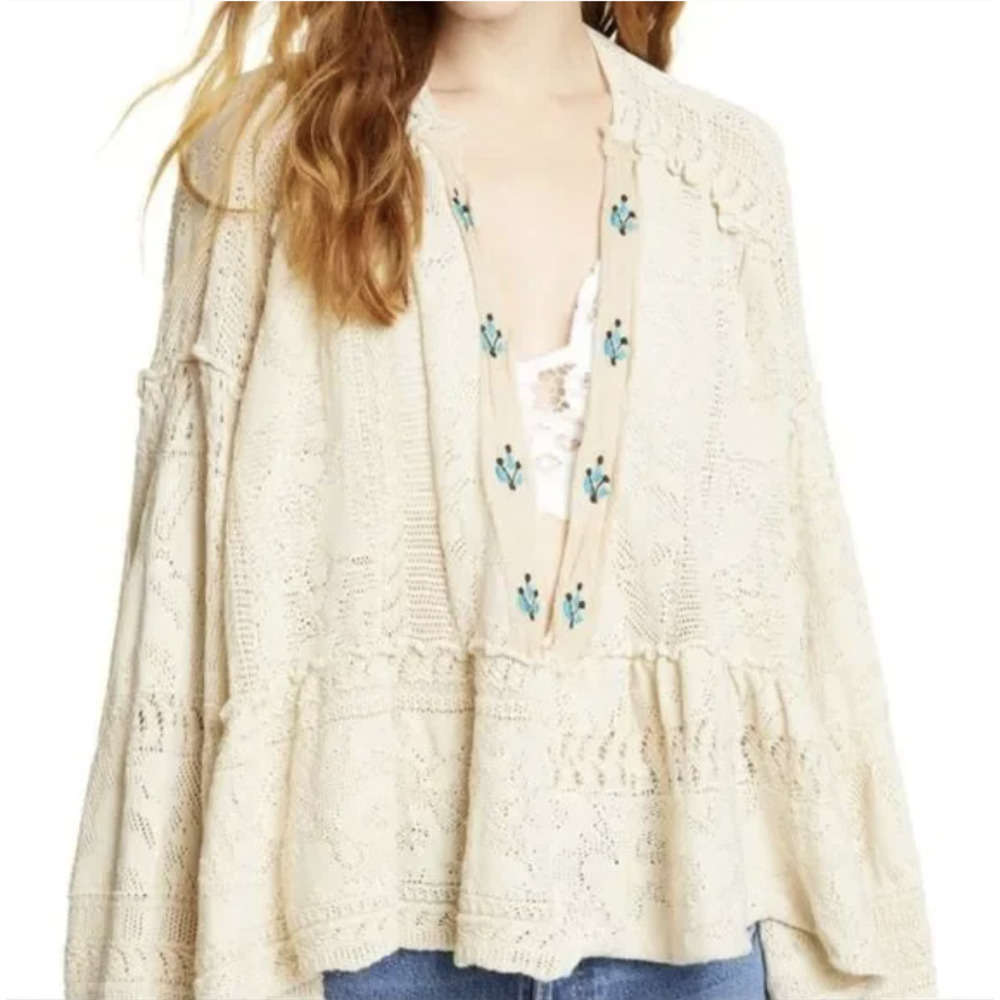 Free People Stargazing Oversized Cotton Embroidered Crochet V-Neck Sweater